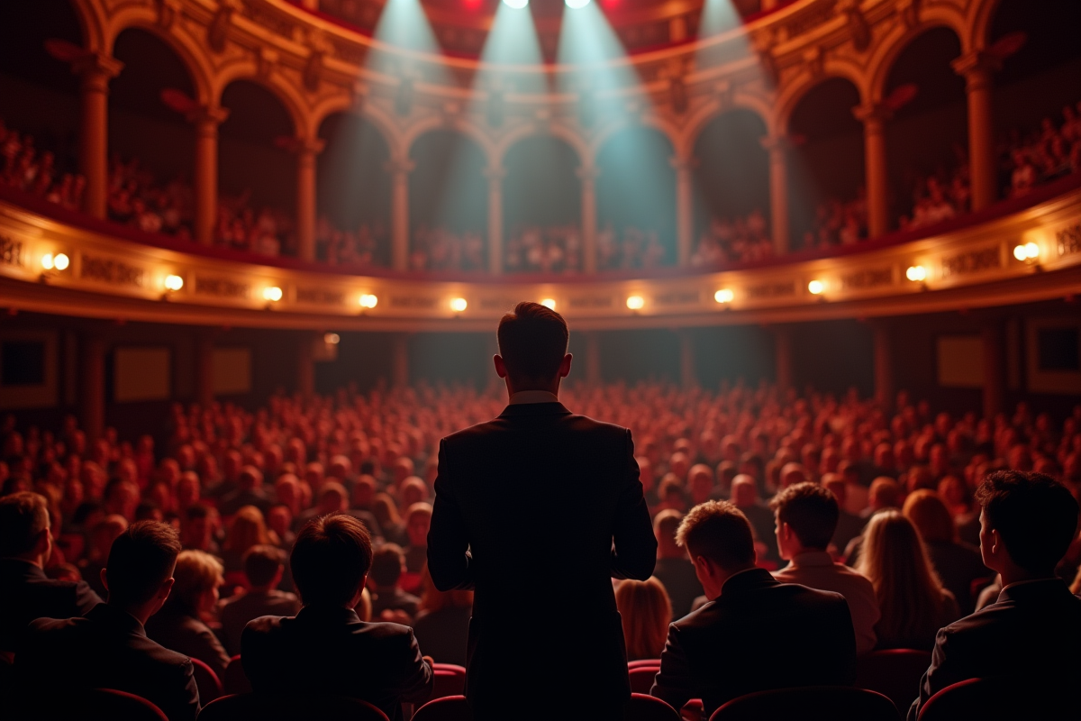Acteur en monologue sous projecteur dans un théâtre