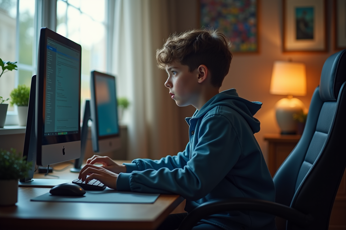 Adolescent dans sa chambre entouré d’écrans et appareils numériques