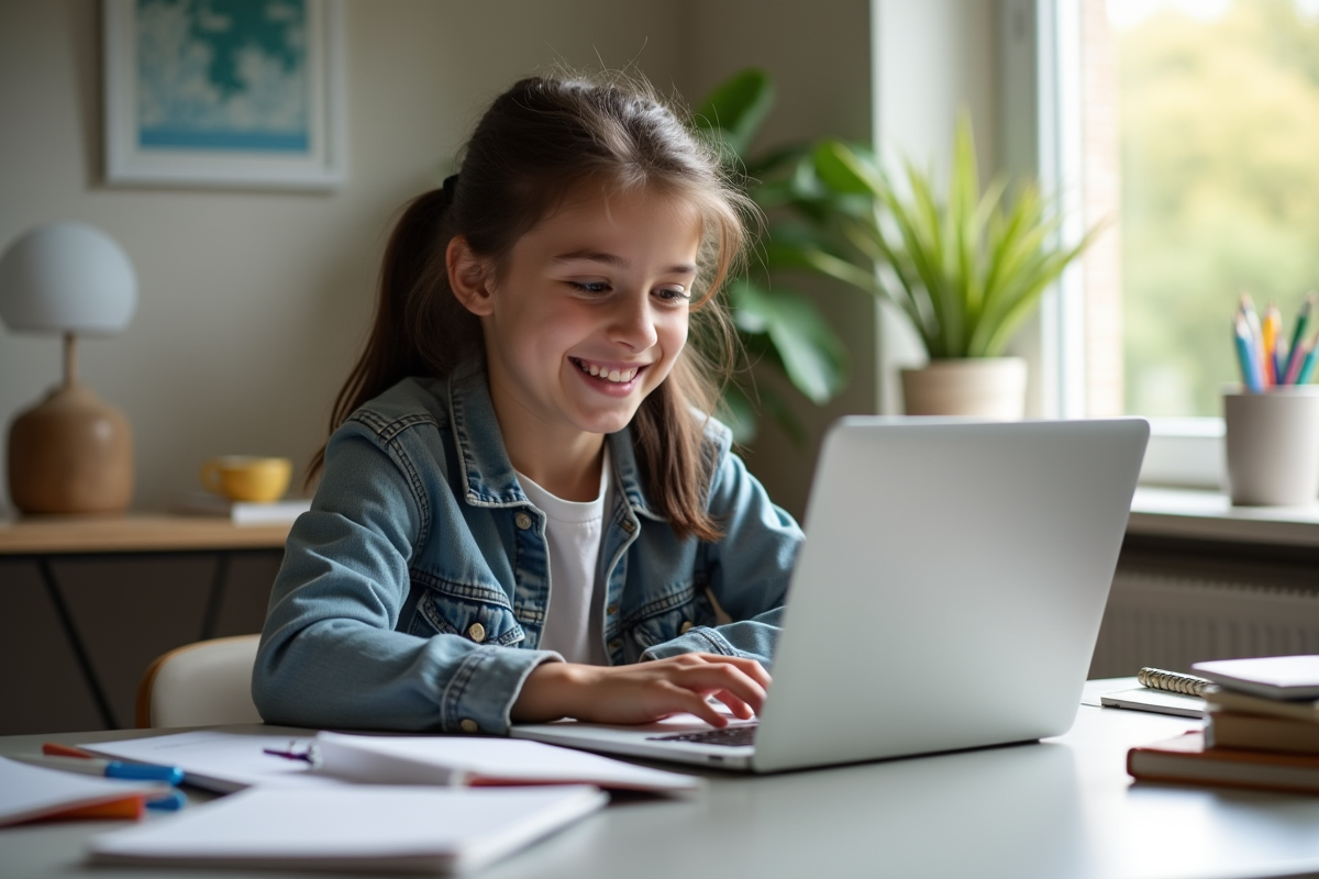Adolescent souriant utilisant un ordinateur pour devoirs à la maison