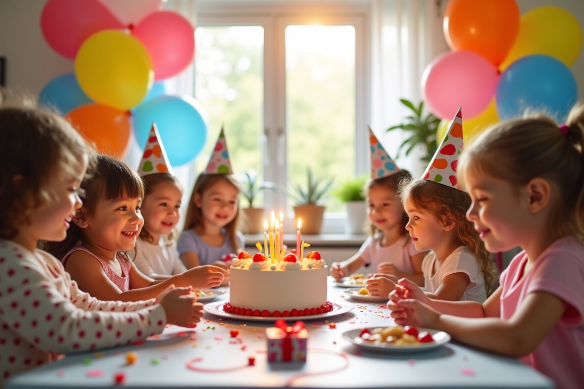 Fête d'anniversaire d'un enfant avec gâteau et ballons