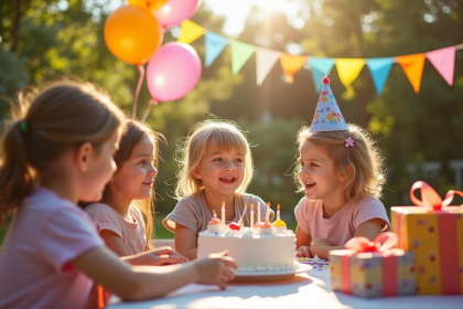 Fête d'anniversaire d'enfants dans un jardin ensoleille avec ballons et gâteau
