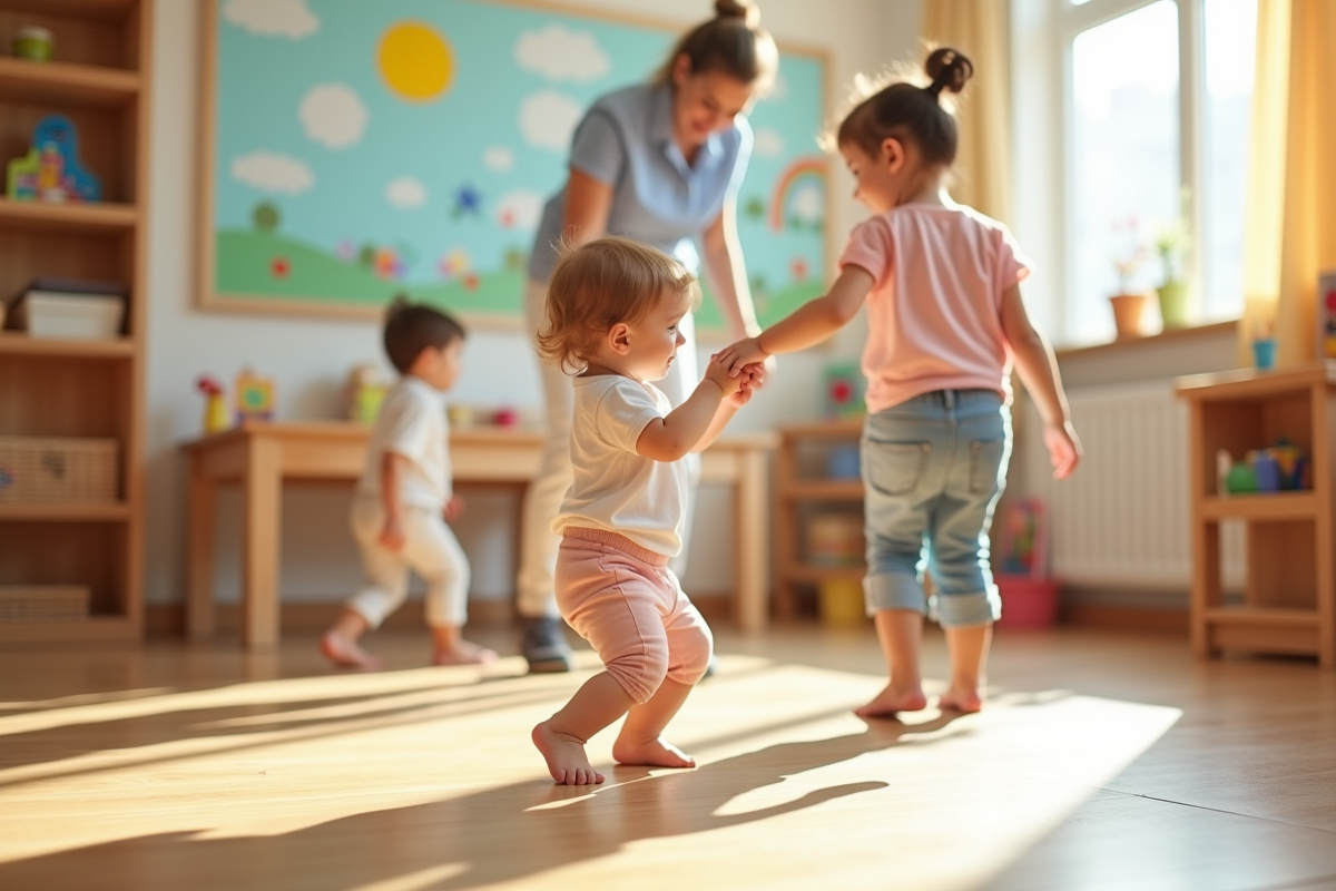Bébé apprenant à marcher avec un accompagnant dans une crèche colorée