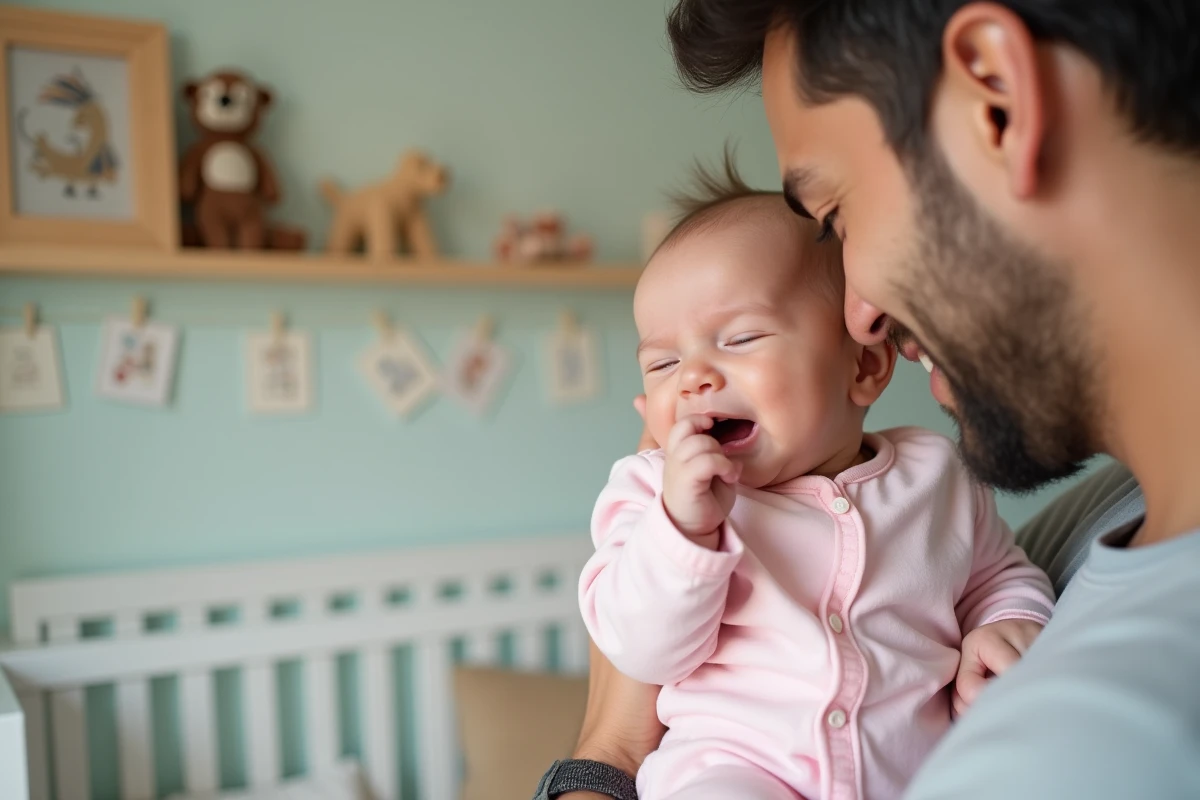 Bébé fille de 4 mois dans les bras de son père dans une nurserie