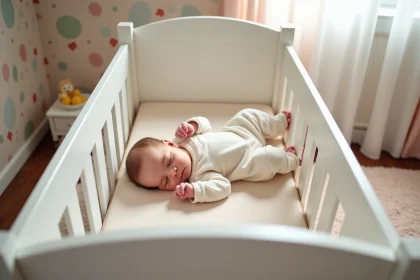 Bébé fille de 4 semaines dormant paisiblement dans un lit blanc