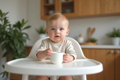 Bebe fille assise en chaise haute dans une cuisine lumineuse