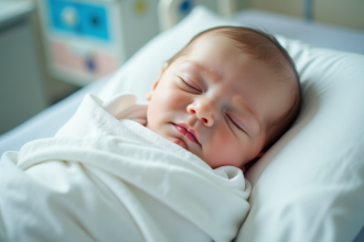 Bebe fille endormie dans un lit d'hopital douce et paisible