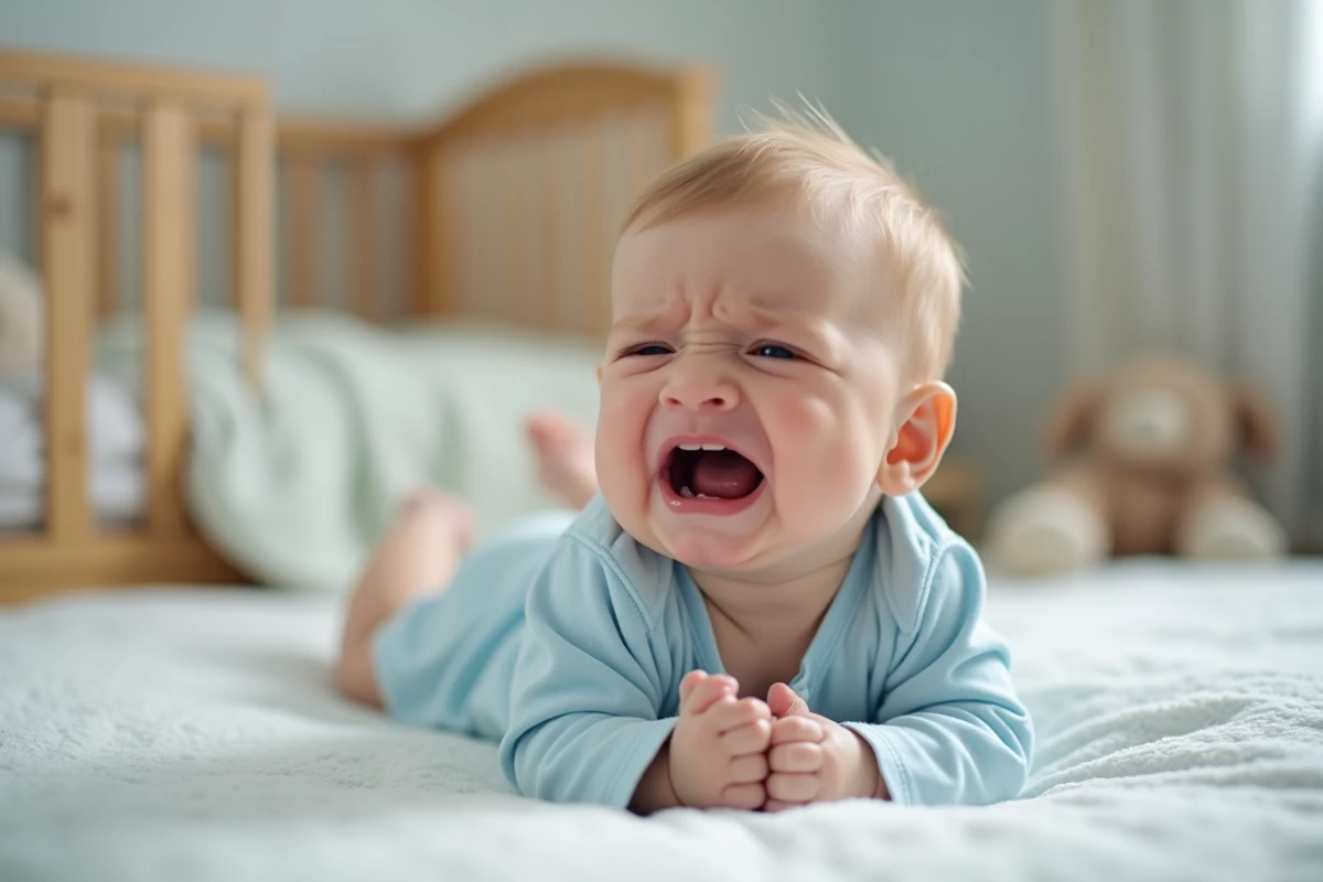 Bébé pleurant dans sa nurserie douce et décorée