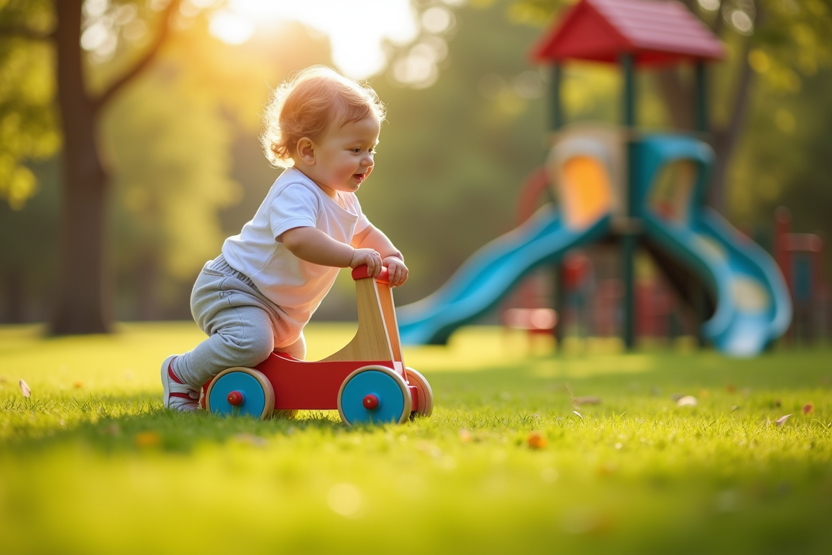 Bébé curieux marchant dans le parc avec jouet en bois coloré