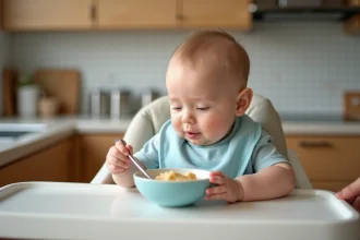 Bébé de 4 mois assis dans une chaise haute en cuisine