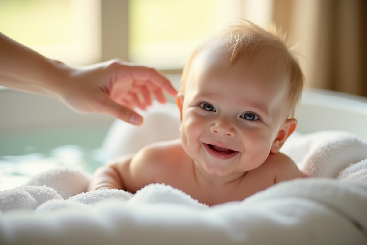 Bébé souriant allongé sur une serviette blanche près de la baignoire