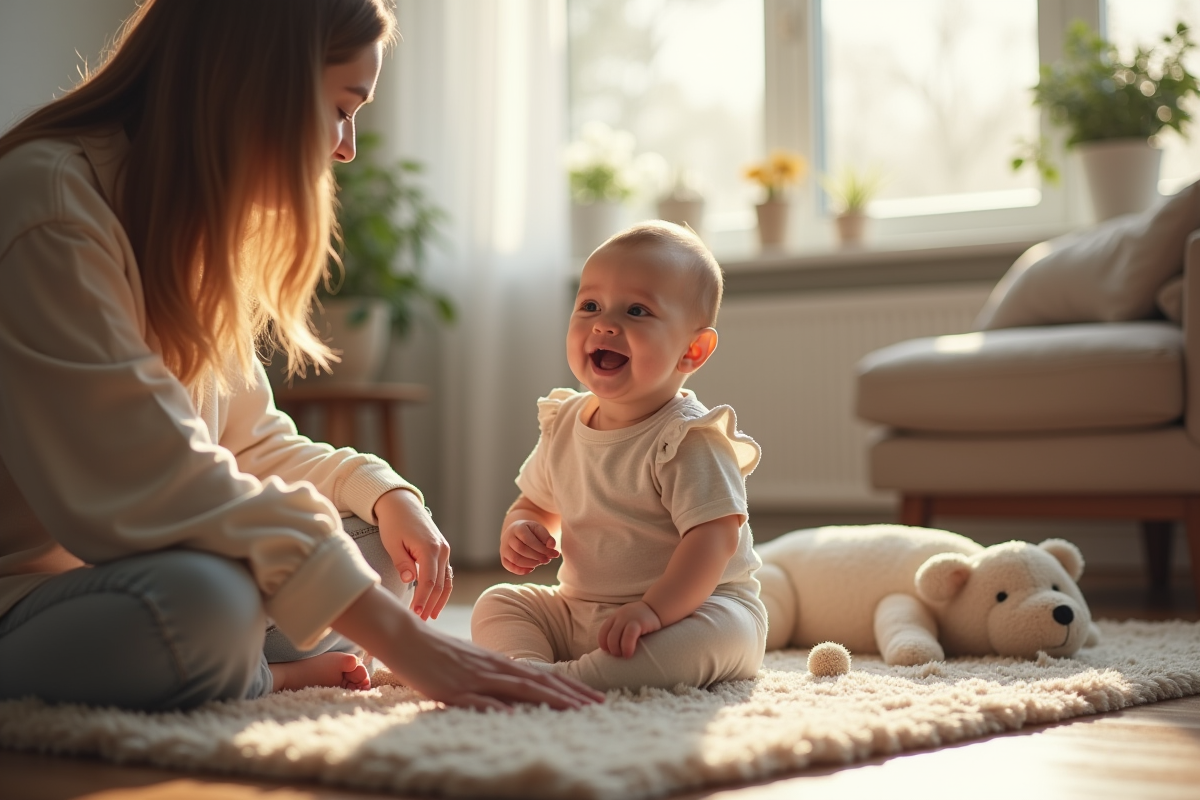 Bébé de 7 mois souriant assis sur un tapis de jeu