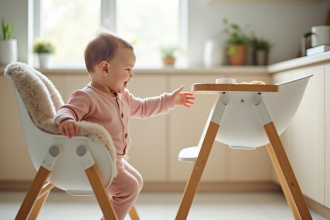 Bébé souriante dans une cuisine lumineuse et moderne