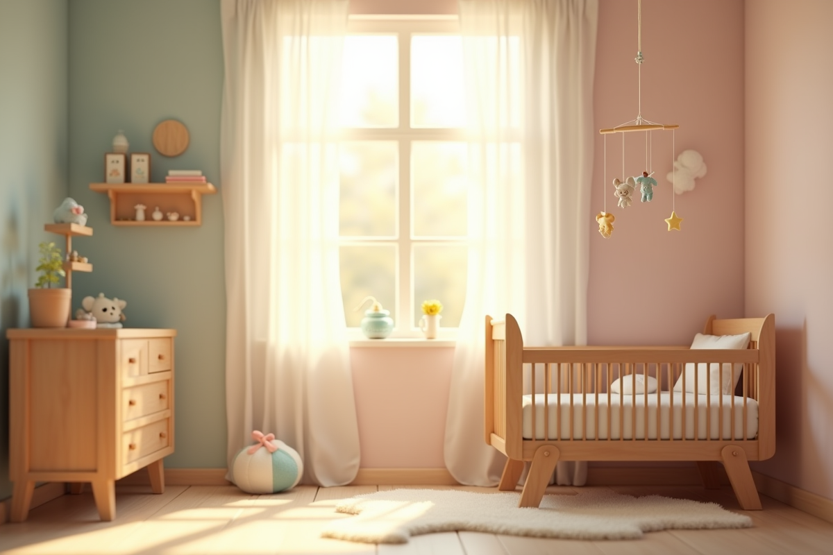 Nurserie chaleureuse avec berceau en bois et ambiance douce