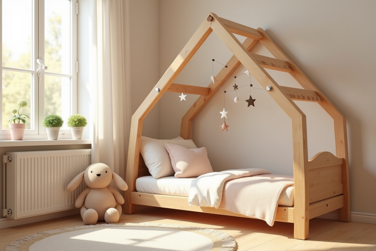 Chambre d'enfant lumineuse avec lit Montessori en bois pastel