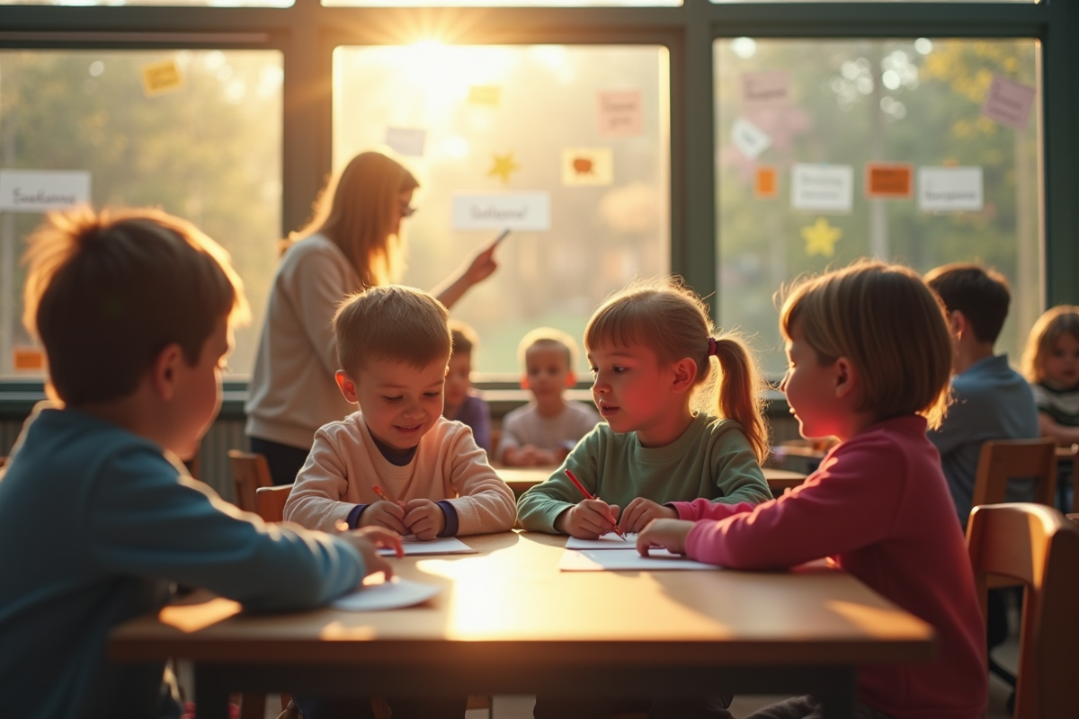 Enfants en classe primaire utilisant des smartphones