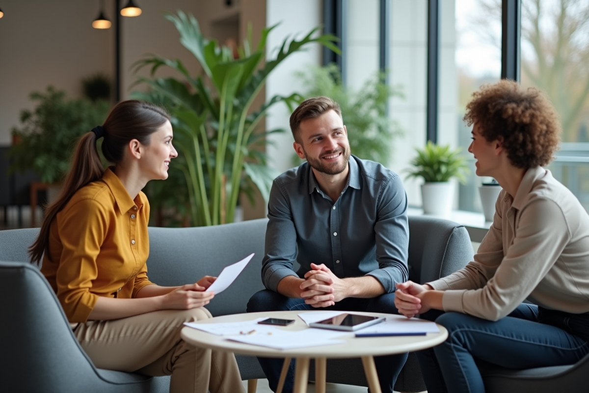 Jeune couple discutant avec un agent d