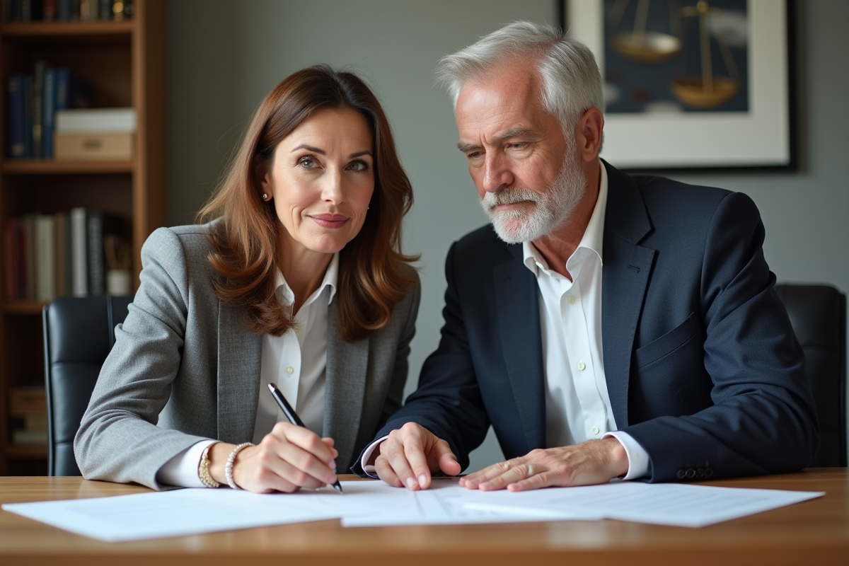 Couple d'adultes en réunion dans un bureau juridique