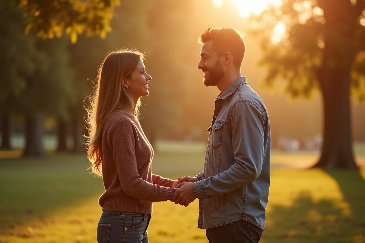 Couple échangeant un sourire dans un parc ensoleille