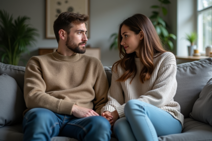 Couple assis séparément sur un canapé gris dans un salon moderne