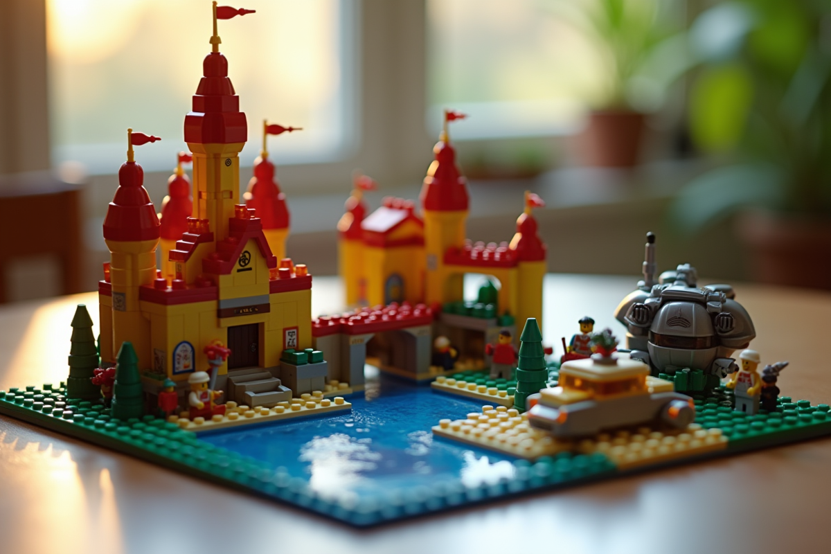 Détails de créations Lego avec château et vaisseau spatial sur table