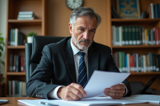 Directeur d'école en bureau lisant un certificat médical