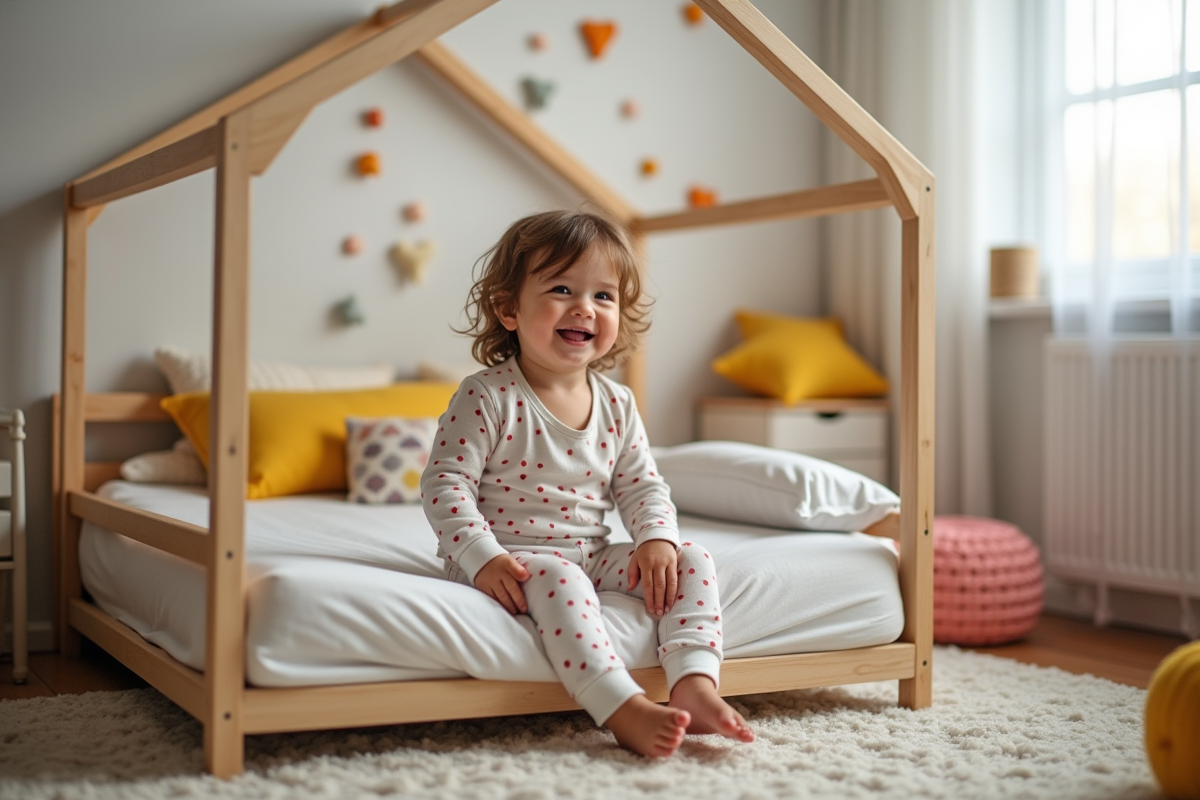 Enfant souriant jouant sur un lit en forme de maison dans une nurserie
