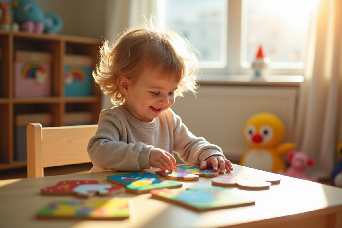 Enfant souriant assemble un puzzle d'animaux lumineux