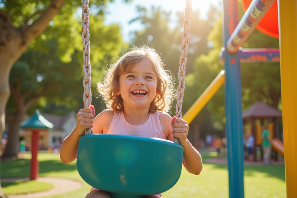 Enfant riant sur une balançoire dans une aire de jeux ensoleillee