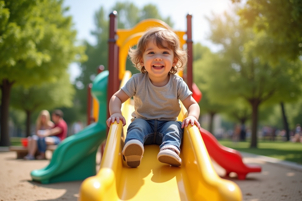 Jeune enfant souriant jouant sur une aire de jeux ensoleillée
