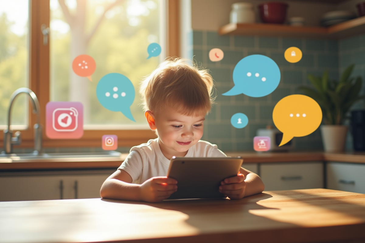 Jeune enfant concentré sur une tablette dans la cuisine