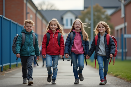 Groupe d'enfants à l'entrée d'une école primaire en France