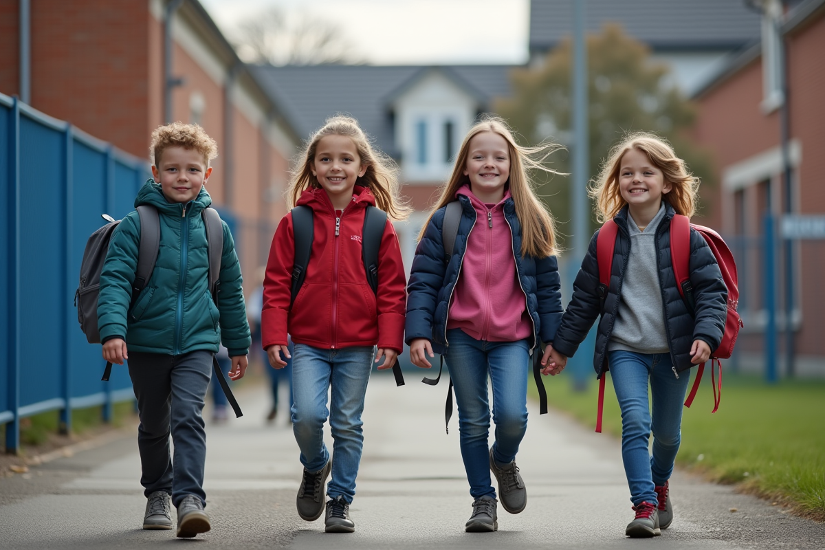 Groupe d'enfants à l'entrée d'une école primaire en France
