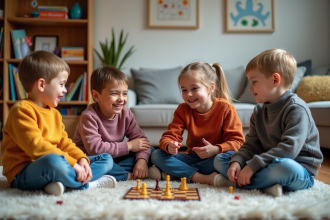 Groupe d'enfants jouant à un jeu de société dans un salon