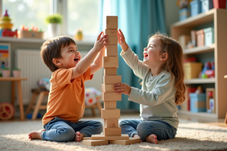 Deux enfants rient en construisant une tour en bois