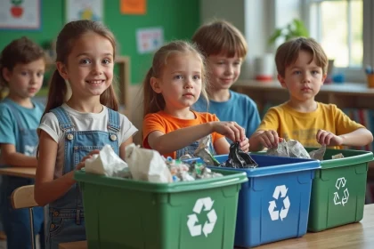 Enfants trient des d&eacute;chets dans une classe moderne