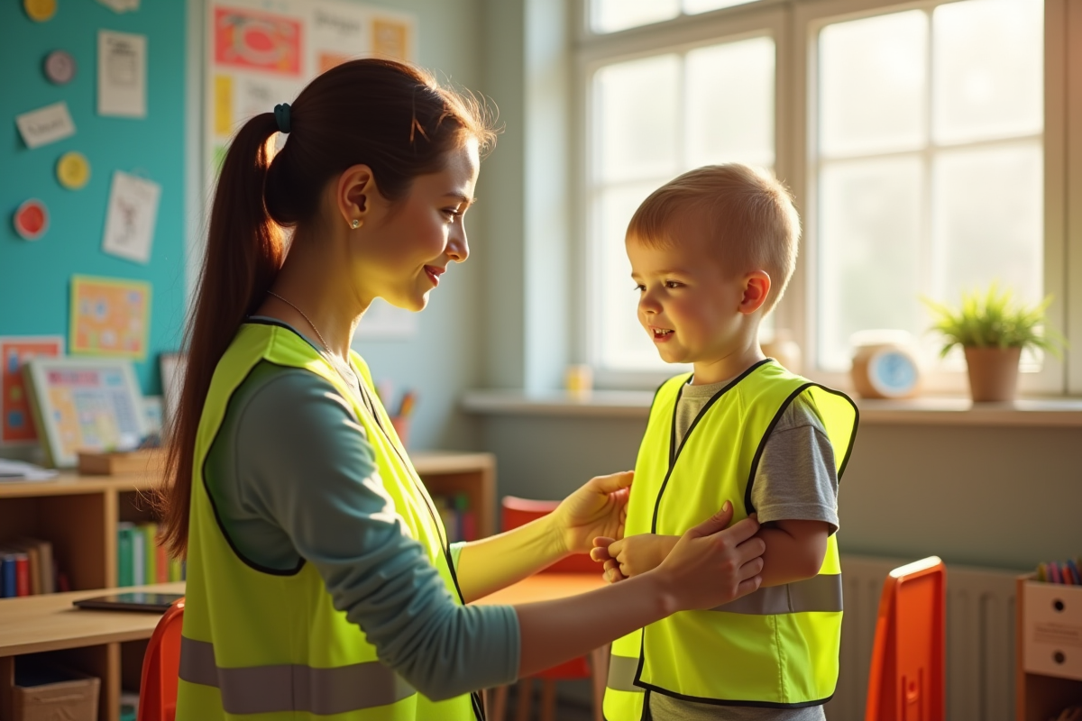 Enseignant aidant un enfant à mettre une veste de sécurité jaune