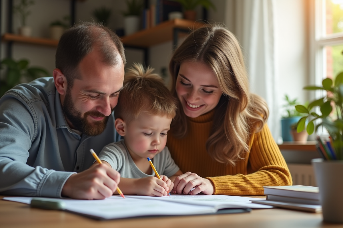 Famille aidant leur enfant avec ses devoirs à la maison