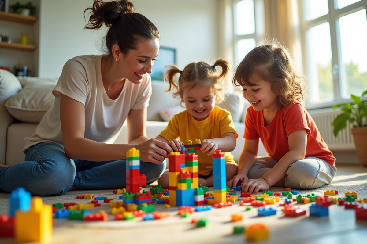 Famille heureuse construisant une ville Lego colorée dans le salon
