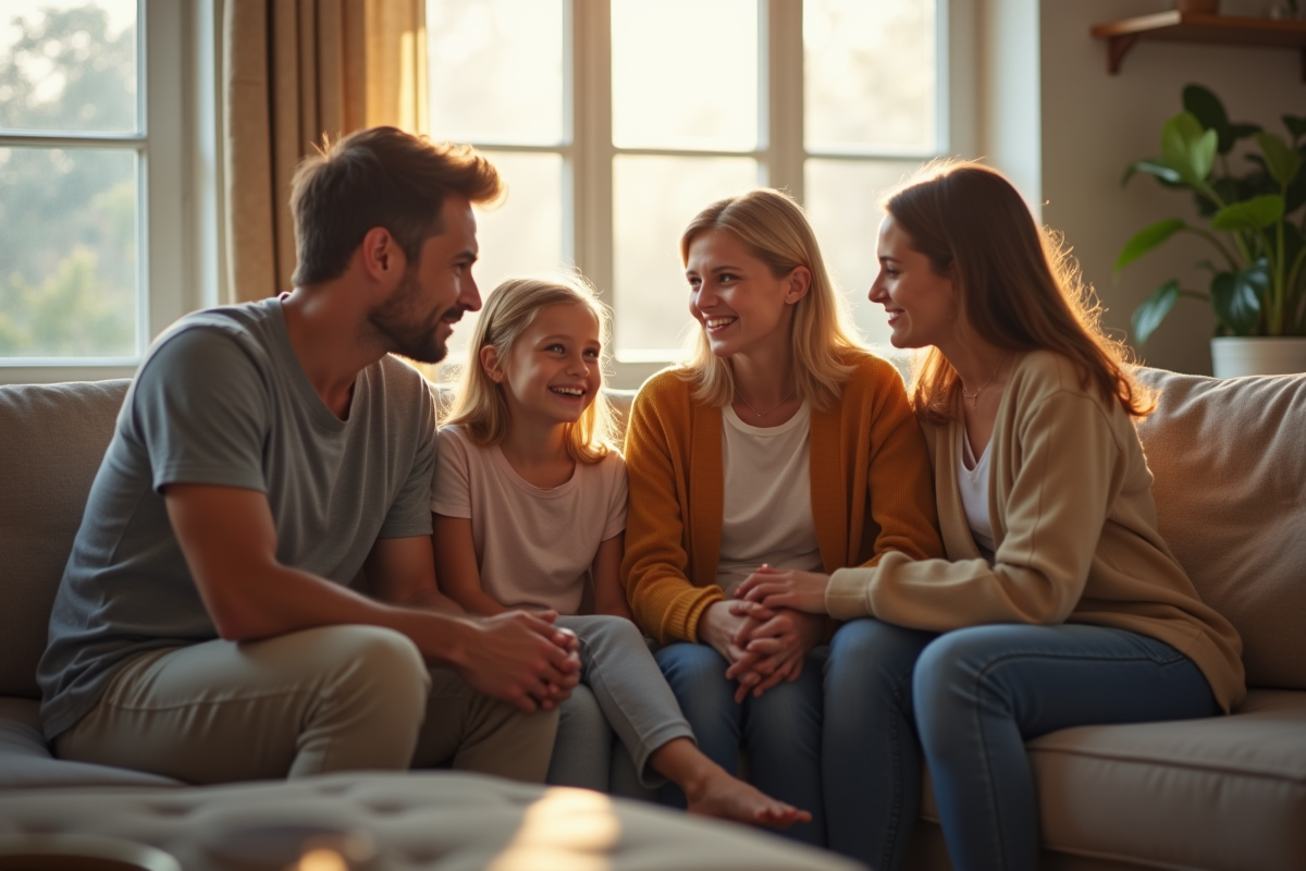 Famille discutant sérieusement dans un salon lumineux