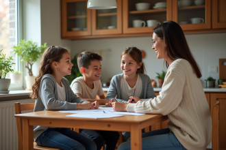 Famille à la maison autour d'une table de cuisine chaleureuse