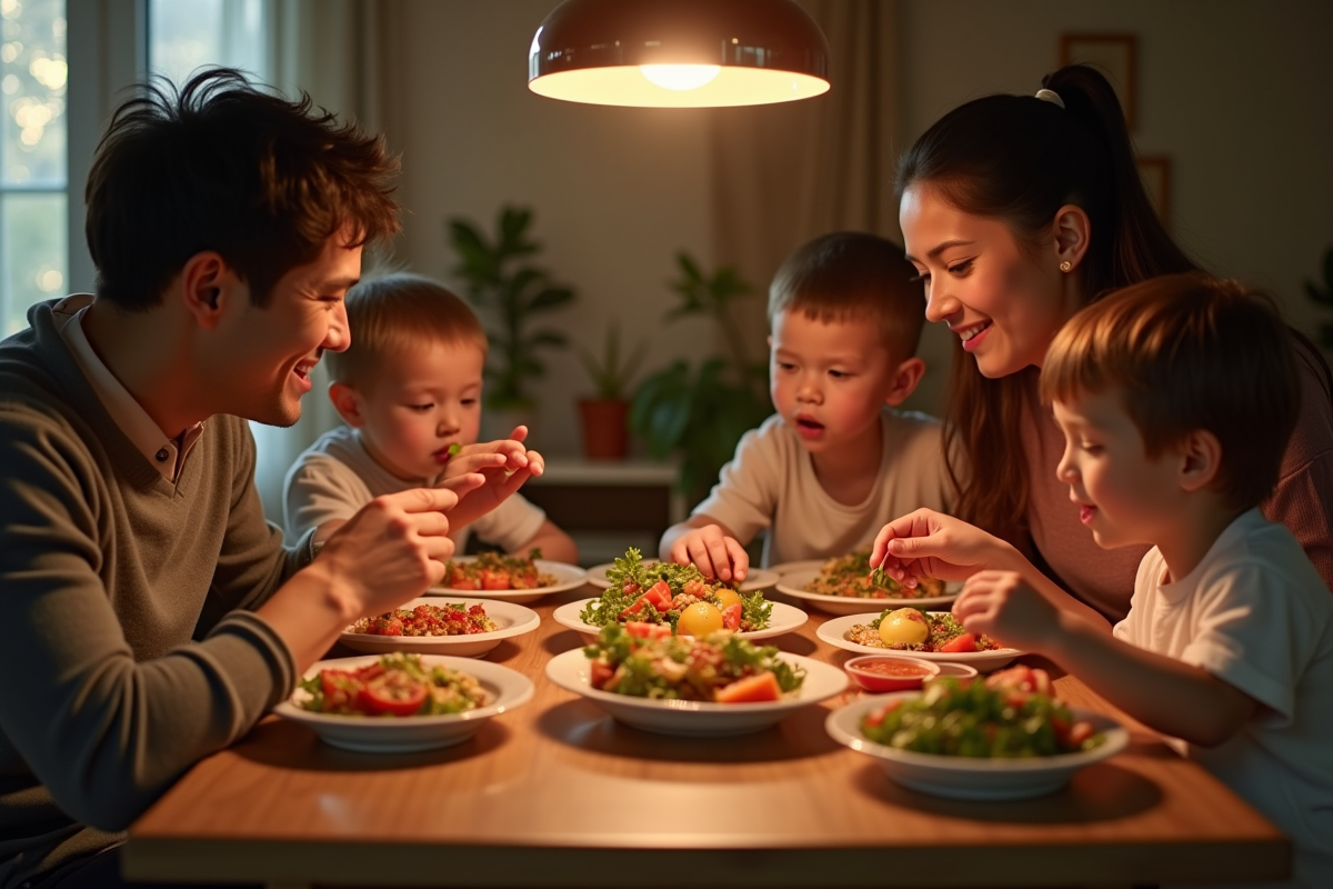 Famille avec enfants dégustant un dîner sain en famille
