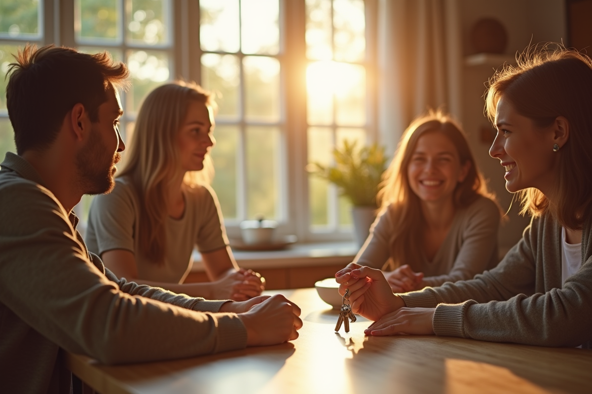 Famille en discussion dans la cuisine avec clés en main