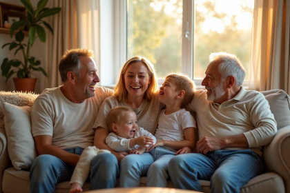 Famille multigenerationale riant sur un canapé lumineux