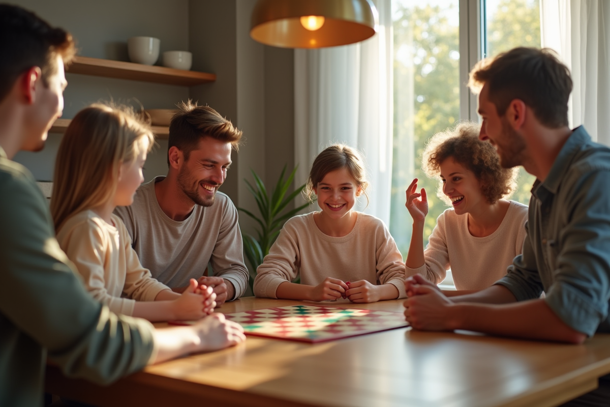 Famille souriante jouant à un jeu de société en famille
