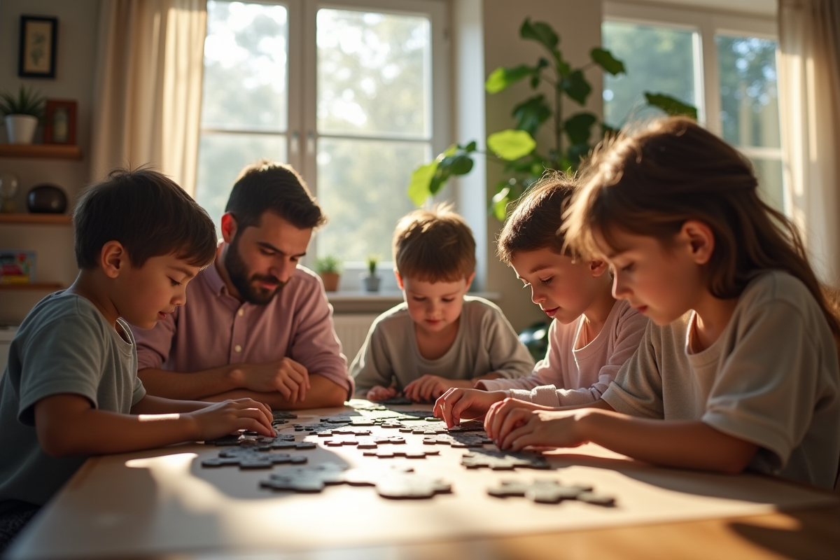 Famille diverse jouant aux puzzles dans le salon lumineux