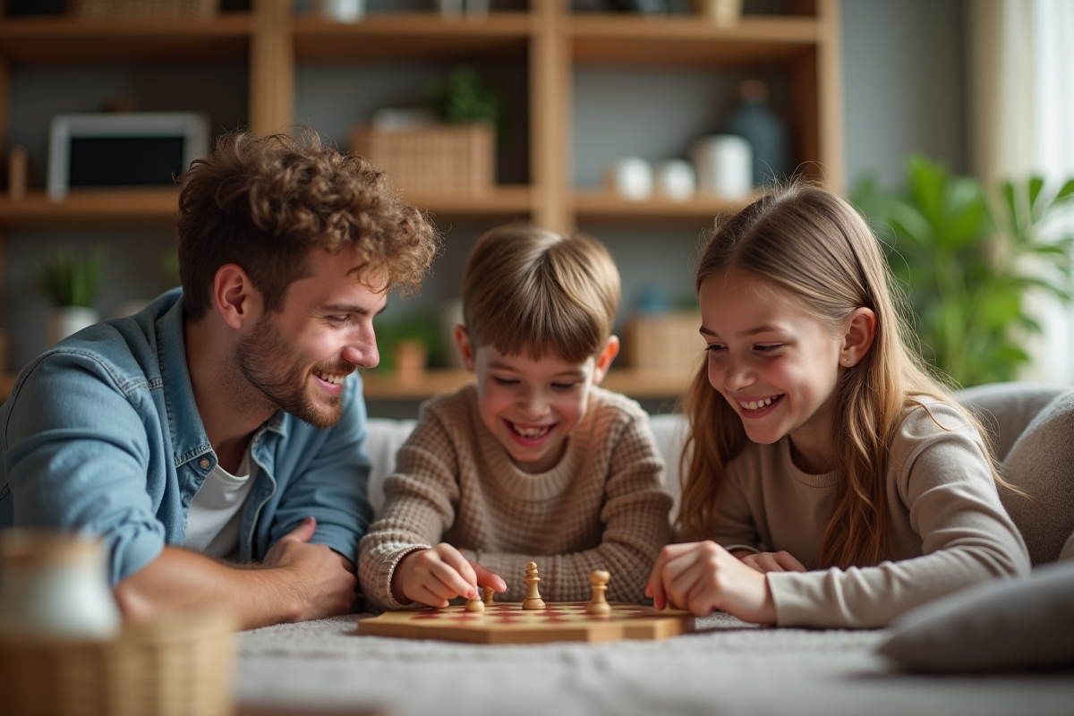 Famille jouant à un jeu de société dans un salon lumineux