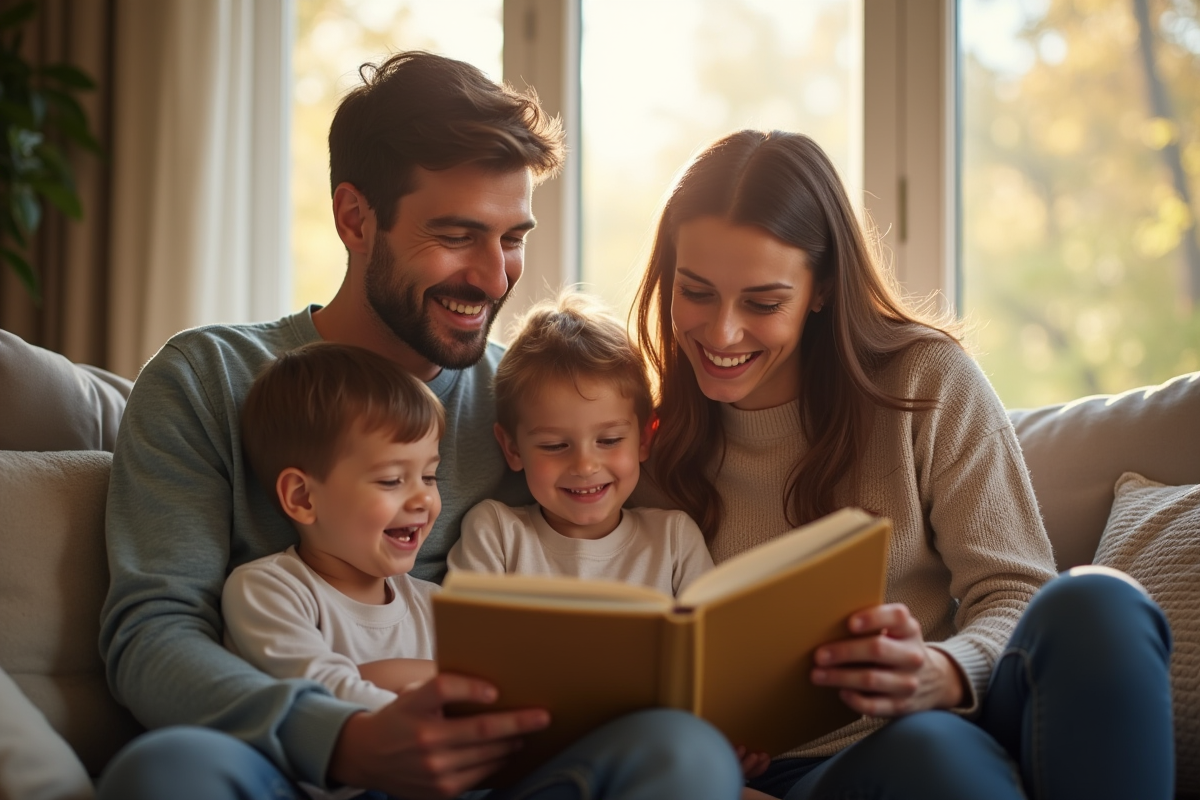 Famille souriante lisant un livre dans un salon lumineux