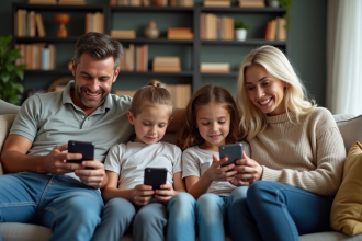 Famille multigenerations avec smartphones dans le salon