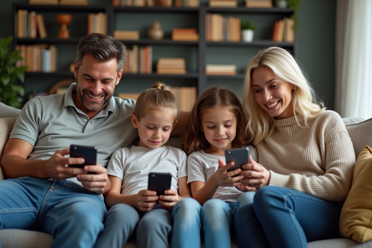 Famille multigenerations avec smartphones dans le salon