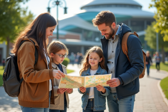 Famille découvrant la carte du parc Futuroscope